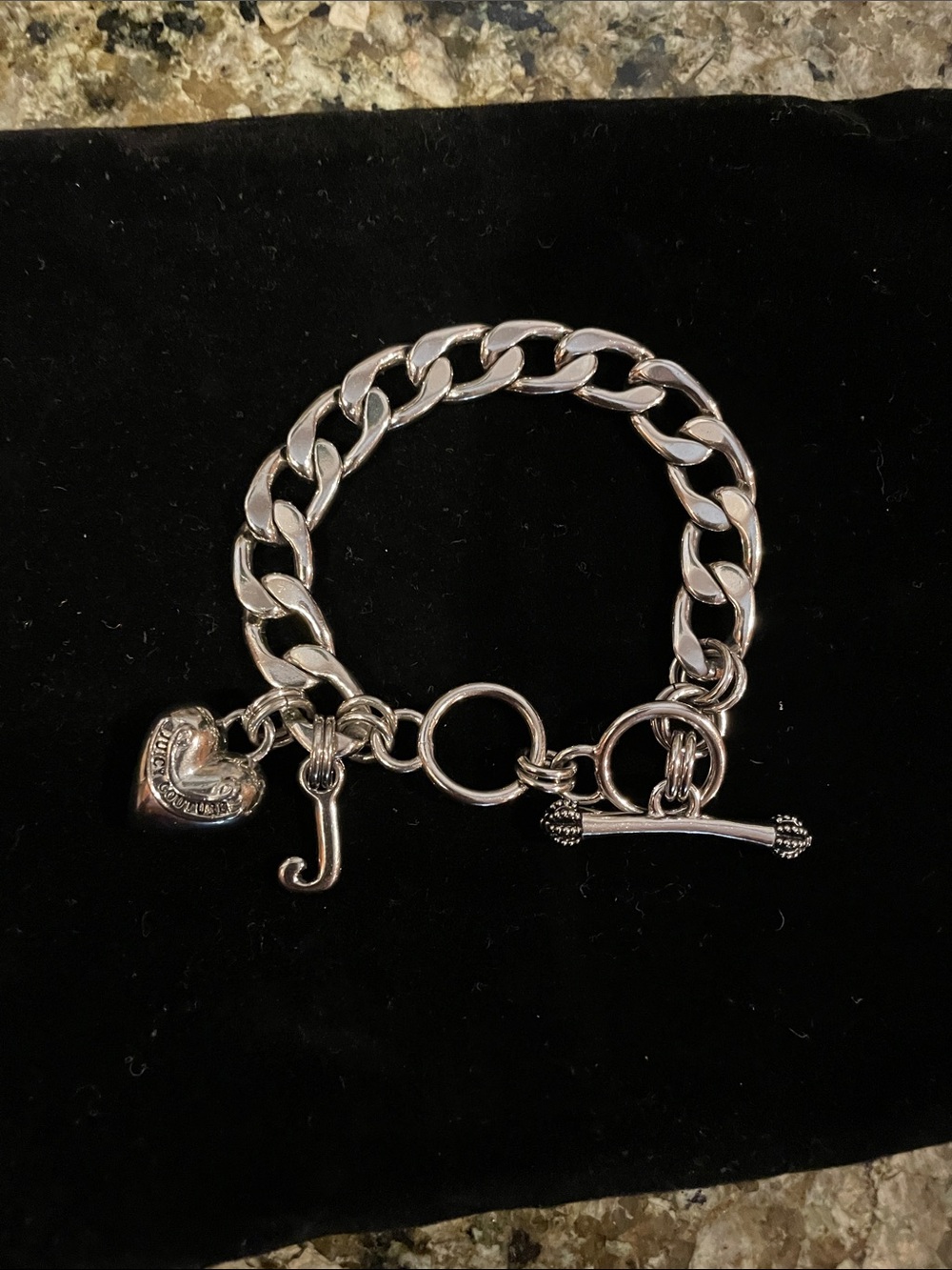 Juicy Couture Silver Chain Link Charm Bracelet with Heart and Initial J Charms